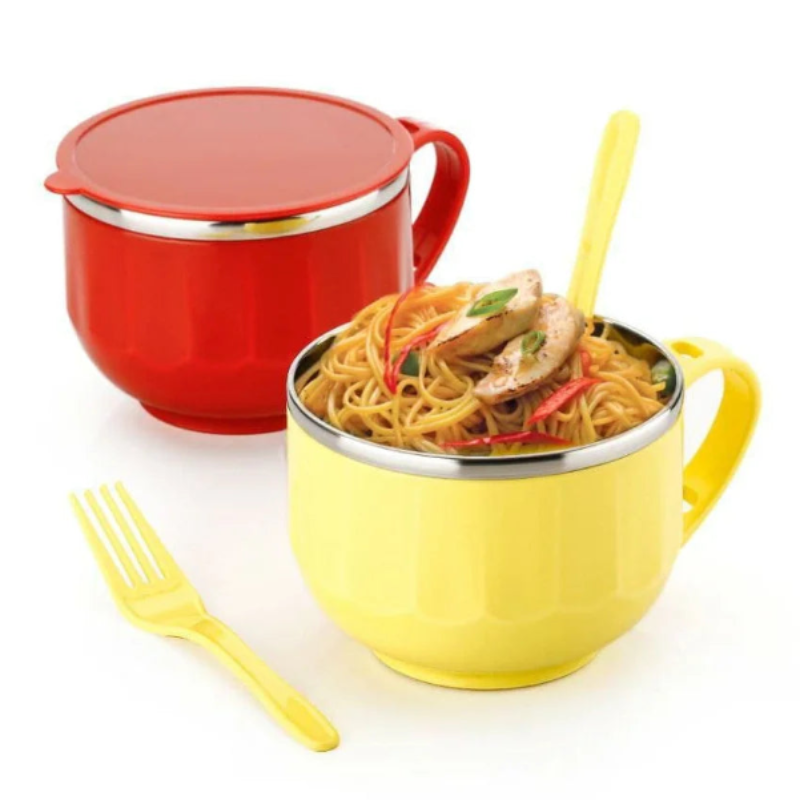 Stainless Steel Maggie & Soup Bowl – Noodle & Food Container with Airtight Lid, Handle, Spoon Holder, Spoon & Fork for Kitchen & Picnic(Random color-Pack of 1)
