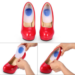 The image shows three views of red high-heeled shoes and clear silicone shoe inserts with blue gel pads.shoe inserts, heel pads, silicone insoles, high heel inserts, foot care, orthopedic insoles, comfort insoles, women's accessories.