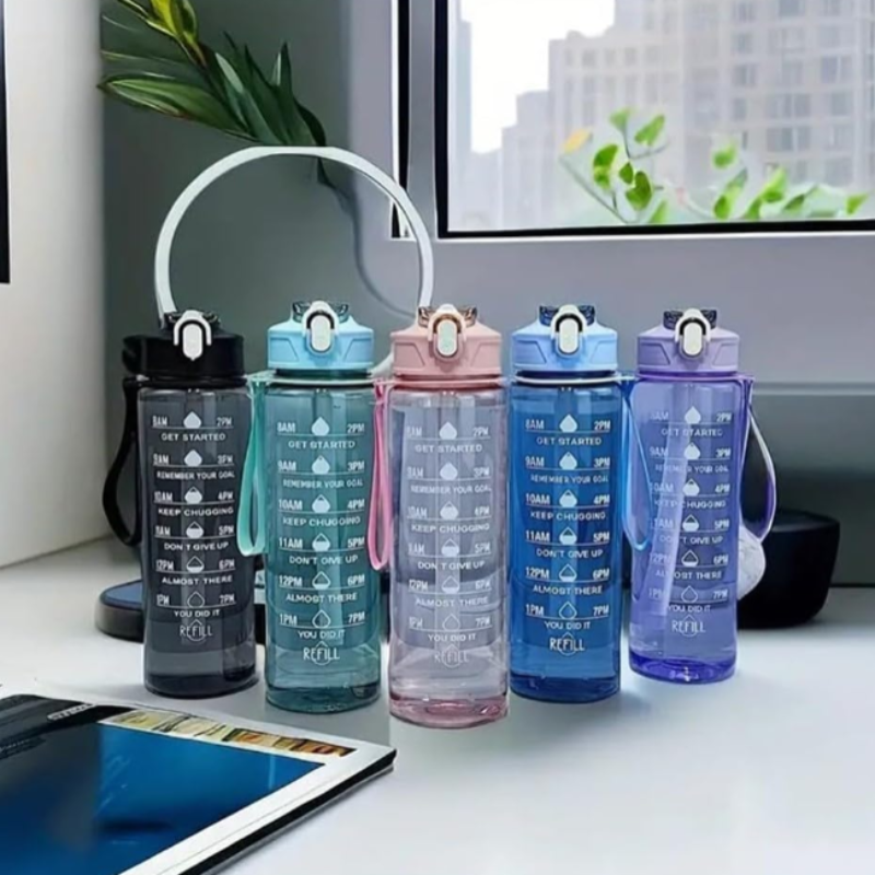 900ml Transparent Motivational Water Bottle with Time Marker – Leakproof, Durable, BPA-Free, Non-Toxic Bottle for Fitness & Gym (Random Color-Pack of 1)