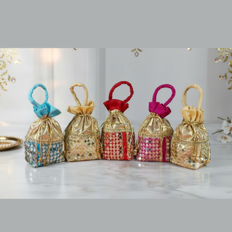 Traditional Sequined Potli Bags for Women – Fancy Indian Potli Gift Bags for Weddings, Mehndi, and Festive Favors (Silky & Satin, 14x24 cm) (Random color-Pack of 1)