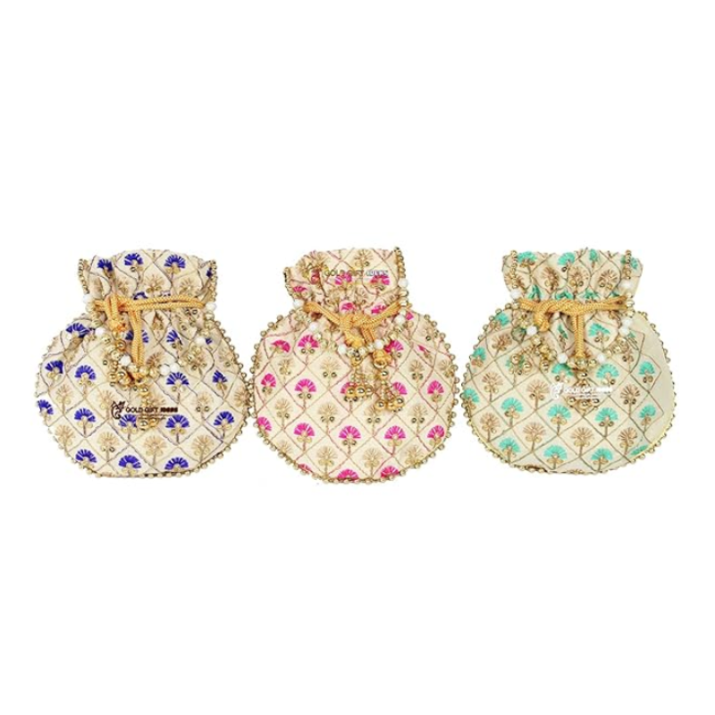 Cremon Floral Potli Bags with Beaded Handle – Raw Silk Traditional Potli Pouches for Women, Return Gifts & Party Favors