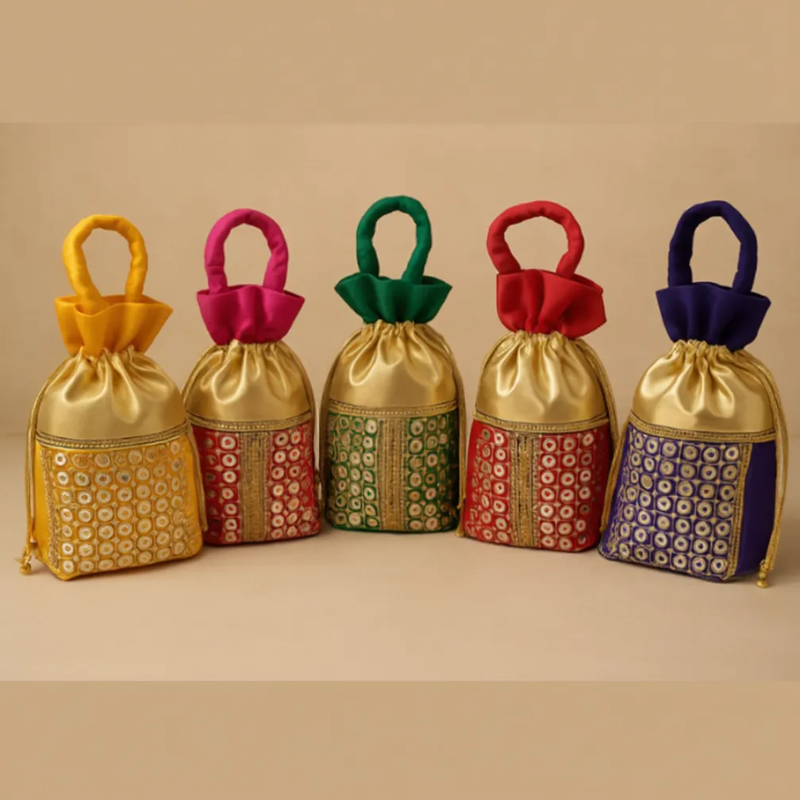 Traditional Sequined Potli Bags for Women – Fancy Indian Potli Gift Bags for Weddings, Mehndi, and Festive Favors (Silky & Satin, 14x24 cm) (Random color-Pack of 1)