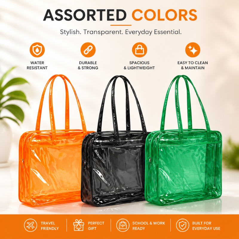 Transparent PVC Tote Bag | Multipurpose Clear Carry Bag for Travel, Shopping & Daily Use (Random Color-Pack of 1)
