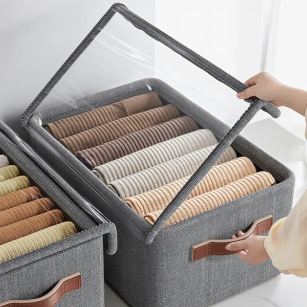 Foldable Storage Organizer Basket with Lid – Transparent Fabric Closet & Wardrobe Storage Box for Clothes (Pack of 1)