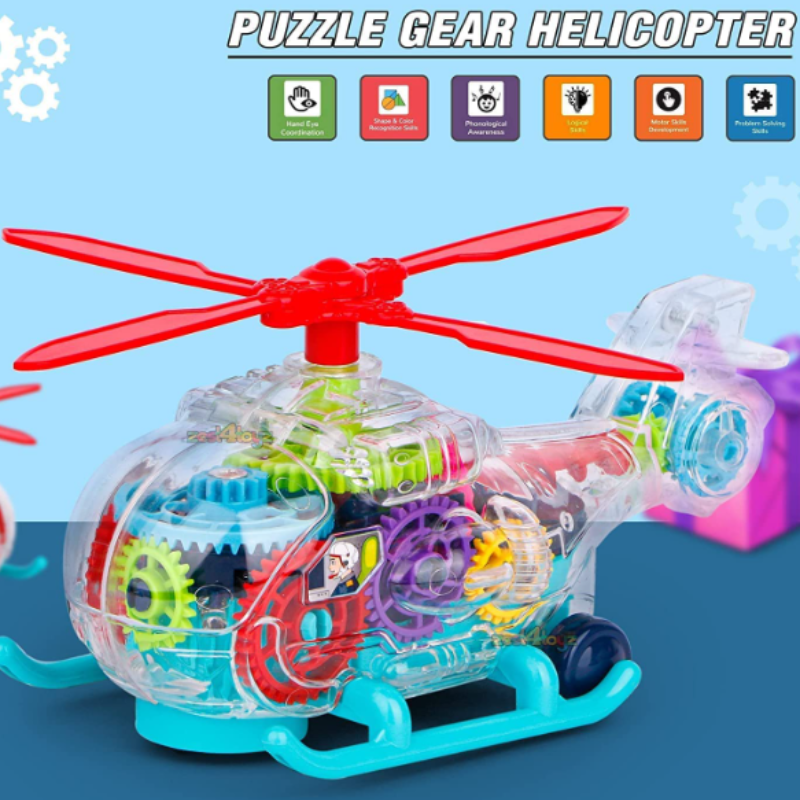 Transparent Gear Electric Helicopter Toy with Lights & Sound – Battery Operated Moving Helicopter with Universal Action