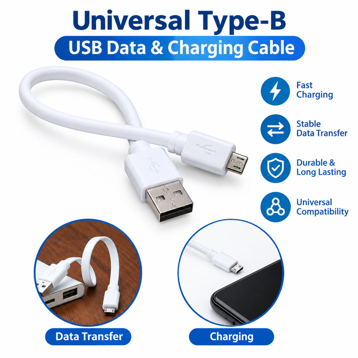 Universal Type-B USB Data & Charging Cable (Pack of 1 Random Color)