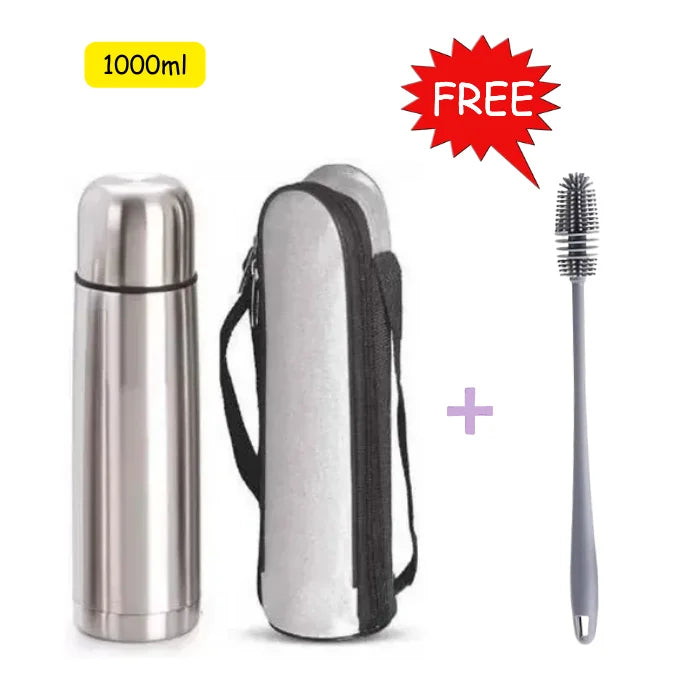 Home Joy 1000ml Bullet Style Stainless Steel Flask with Pouch & Free Bottle Brush – 12 Hours Hot & Cold Water Guarantee (Pack of 1)