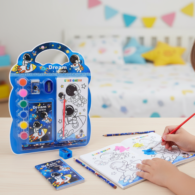 Animal Design Painting & Stationery Kit Set – Colouring Book, Water Paints, Pencil, Eraser & Sharpener for Kids (Random Design-Pack of 1)