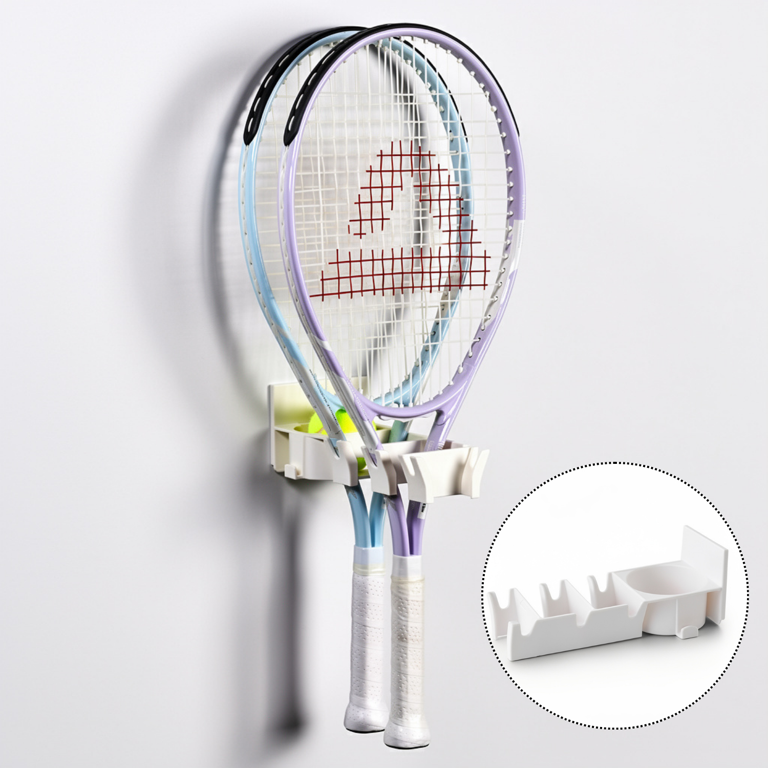 Wall Mounted Racket Holder with Key Hooks – No-Drill Sports Equipment Organizer for Tennis, Badminton, Ping Pong & Squash Rackets | Home & Gym Storage Rack (Pack of 1)