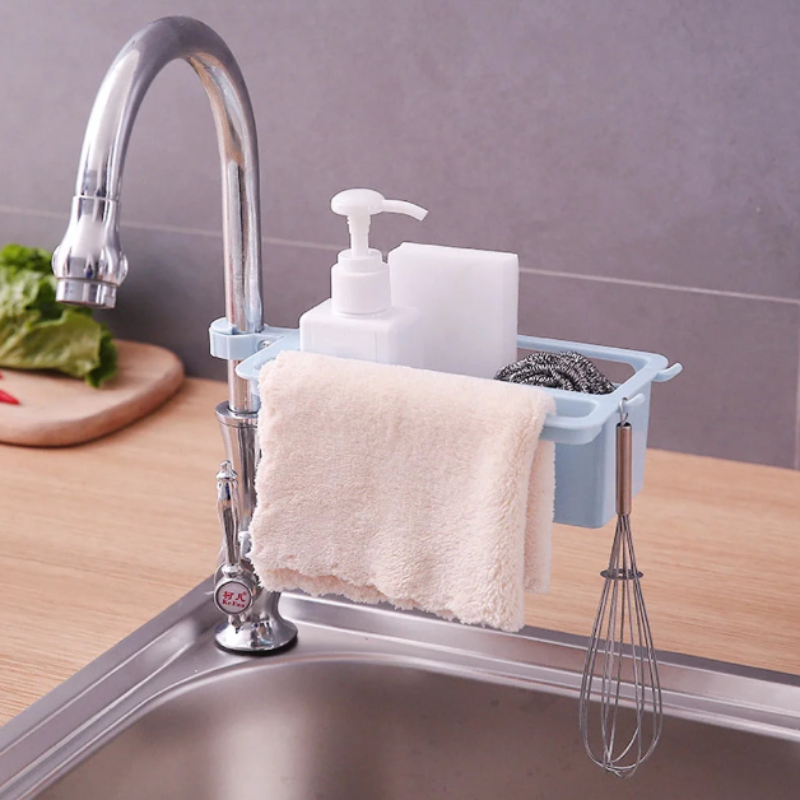 Adjustable Plastic Kitchen Sink Caddy Organizer – Faucet Sponge Holder with Soap Drainer Shelf Basket, Multi-Purpose Storage Rack for Kitchen & Bathroom (Random Colors)