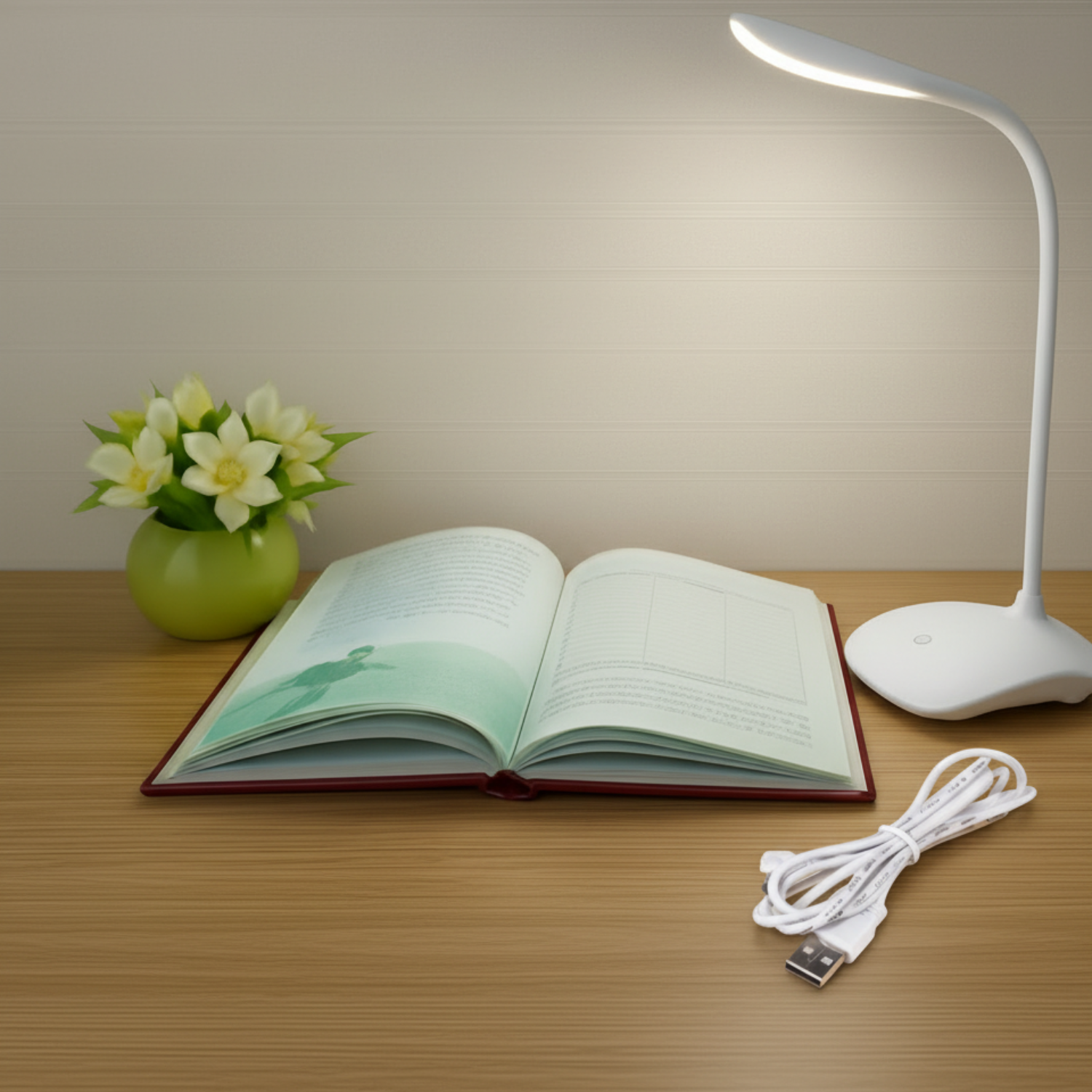 Touch LED Table Lamp With USB Cable – Adjustable Height Bedside Night Light with Polished Finish for Bedroom