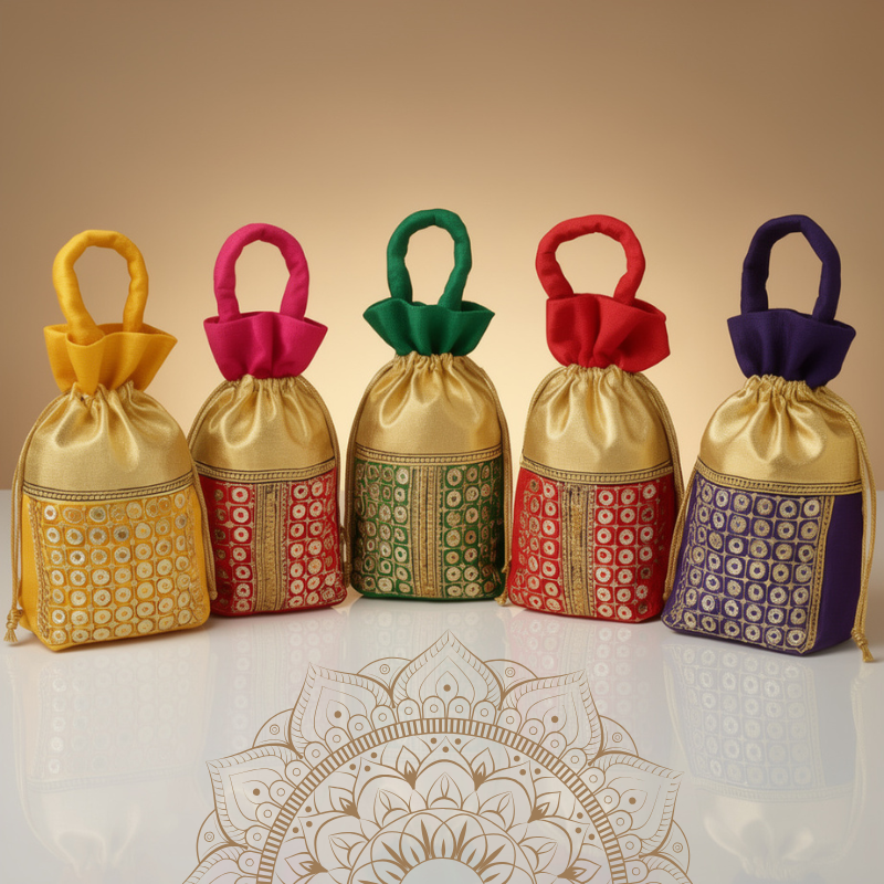 Traditional Sequined Potli Bags for Women – Fancy Indian Potli Gift Bags for Weddings, Mehndi, and Festive Favors (Silky & Satin, 14x24 cm) (Random color-Pack of 1)