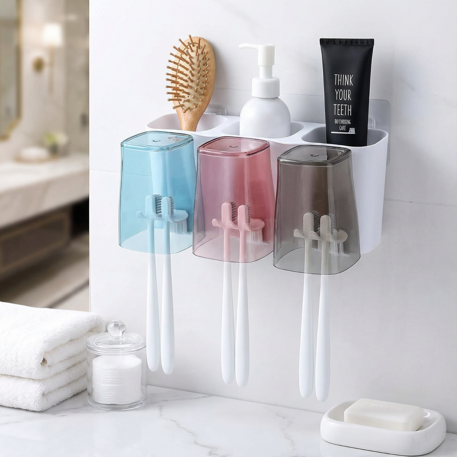 Large Capacity Wall Mounted Toothbrush Holder for Bathroom | Eco-Friendly Toothbrush & Toothpaste Organizer with 3 Square Cups