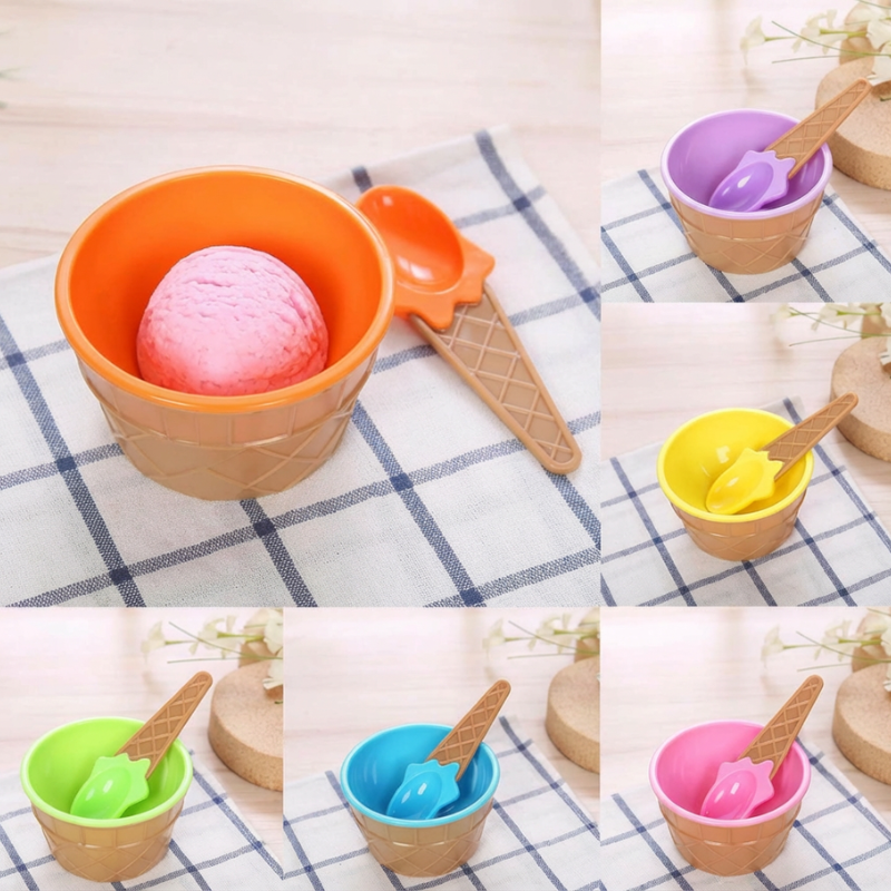 Ice Cream Bowl With Spoon – Durable Plastic Dessert Serving Bowls (Random color-Pack of 2)