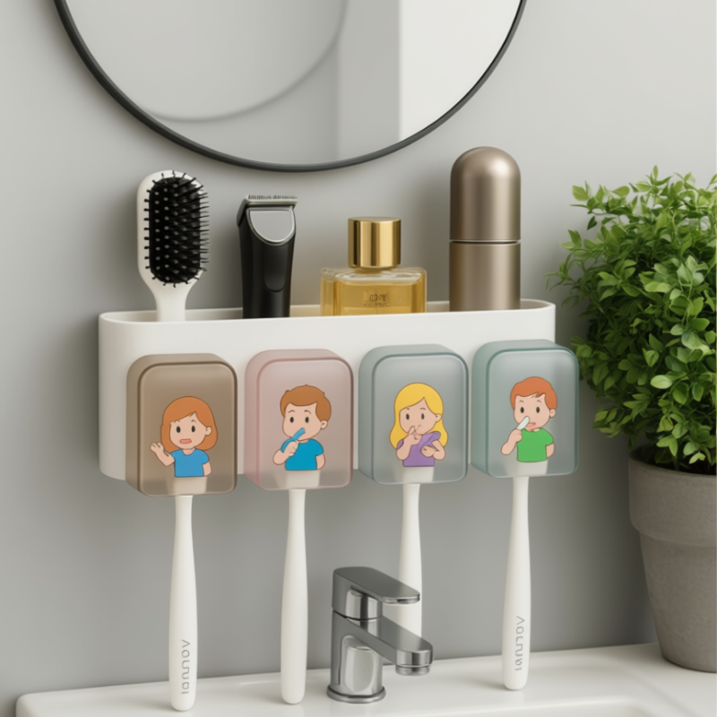 Wall-Mounted Plastic Bathroom Organizer – 8 Toothbrush Holders with 4 Cartoon Cups & Storage Rack, White Bathroom Shelf for Kids & Family