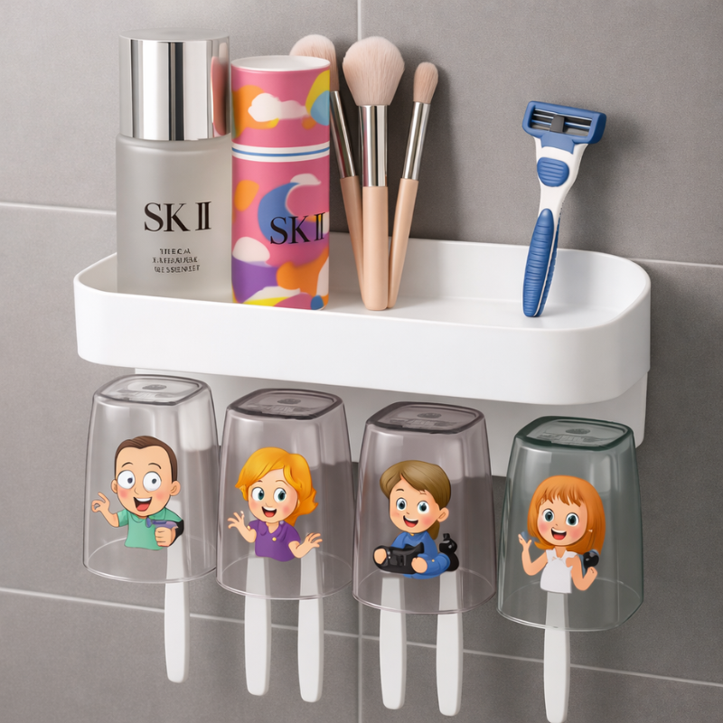 Wall-Mounted Plastic Bathroom Organizer – 8 Toothbrush Holders with 4 Cartoon Cups & Storage Rack, White Bathroom Shelf for Kids & Family