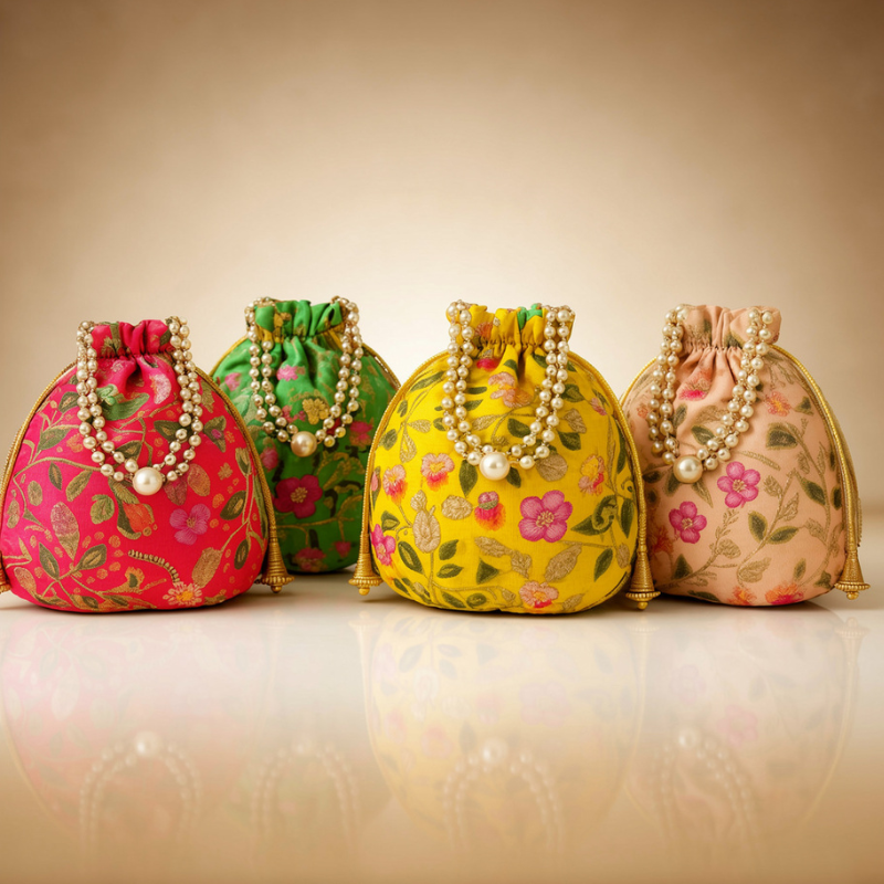 Cremon Floral Potli Bags with Beaded Handle – Raw Silk Traditional Potli Pouches for Women, Return Gifts & Party Favors(Pack of 1)