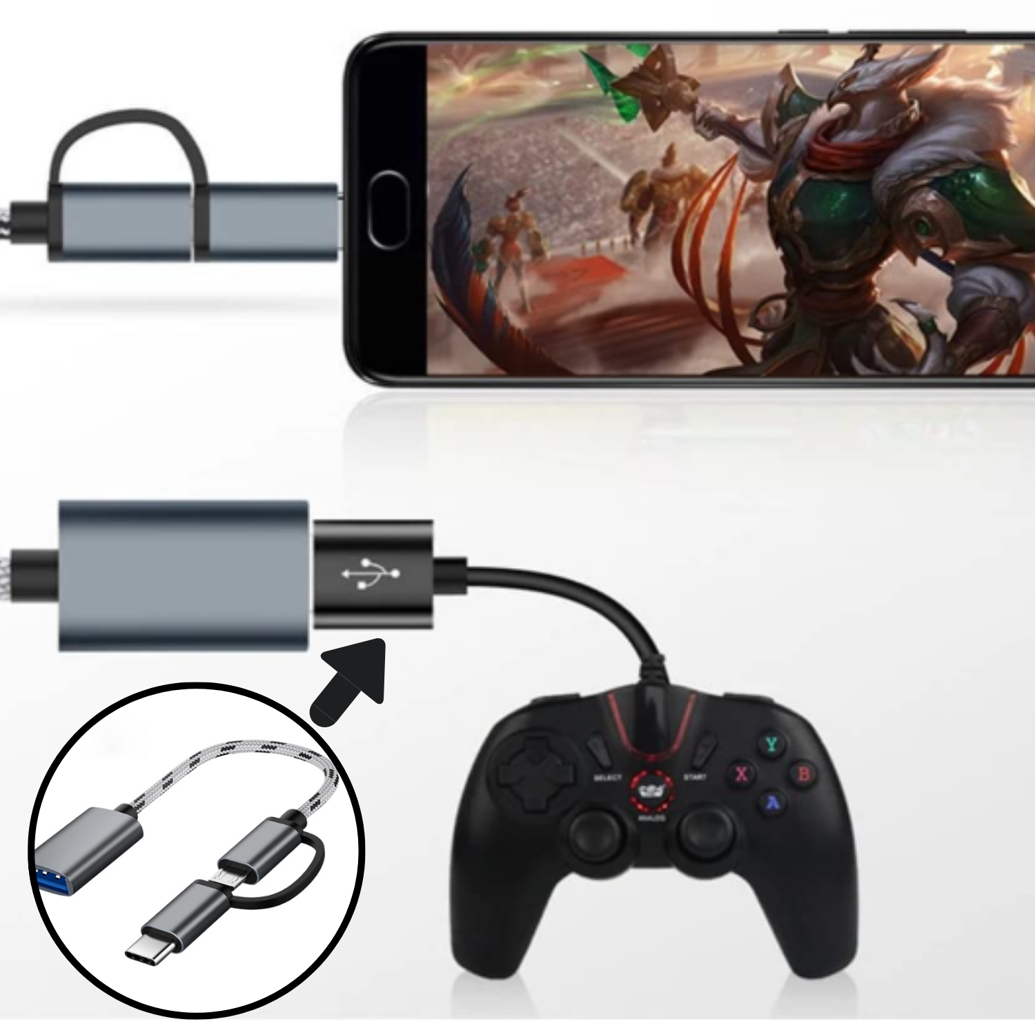 2-in-1 OTG Adapter Cable – Micro USB + Type-C to USB 3.0 Female Connector | Fast Data Transfer & Charging Cable for All Compatible Android Devices