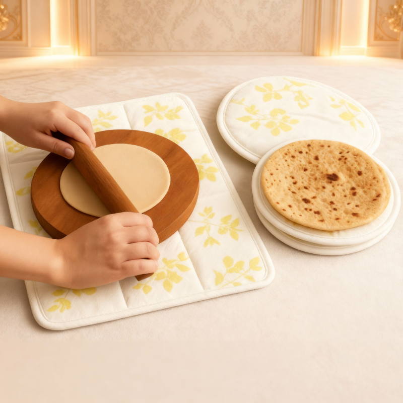 Round Shape Roti Cover with Mat –Chapati Cover for Keeping Roti Warm & Fresh, Washable Roti Mat Set (2 Pc Roti Cover + 1 Pc Mat)