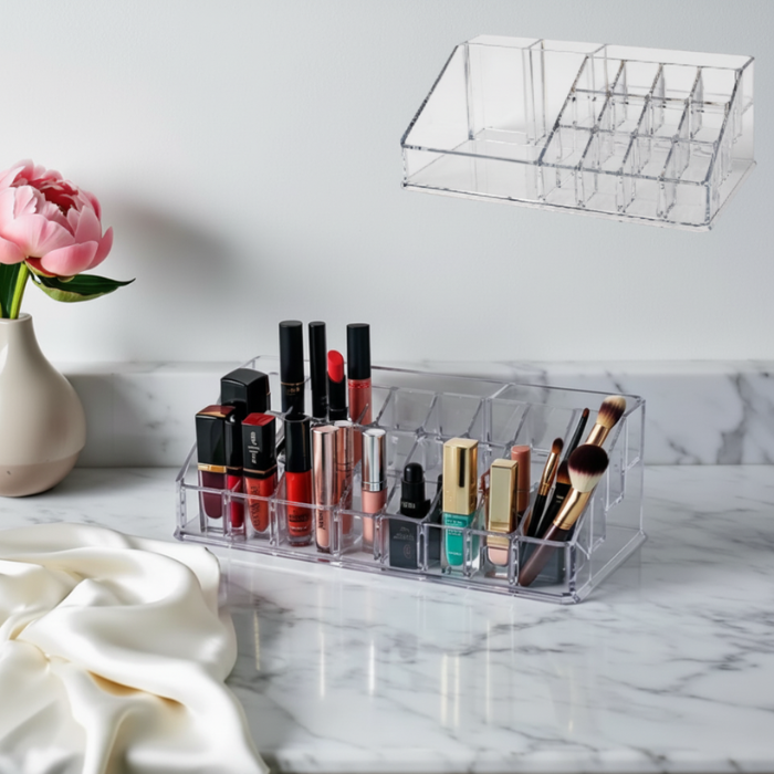 16 Cavity Cosmetic Organiser – Transparent Plastic Makeup Organizer Box with 16 Compartments for Jewellery, Lipstick, Nail Paint & Accessories (Pack of 1)