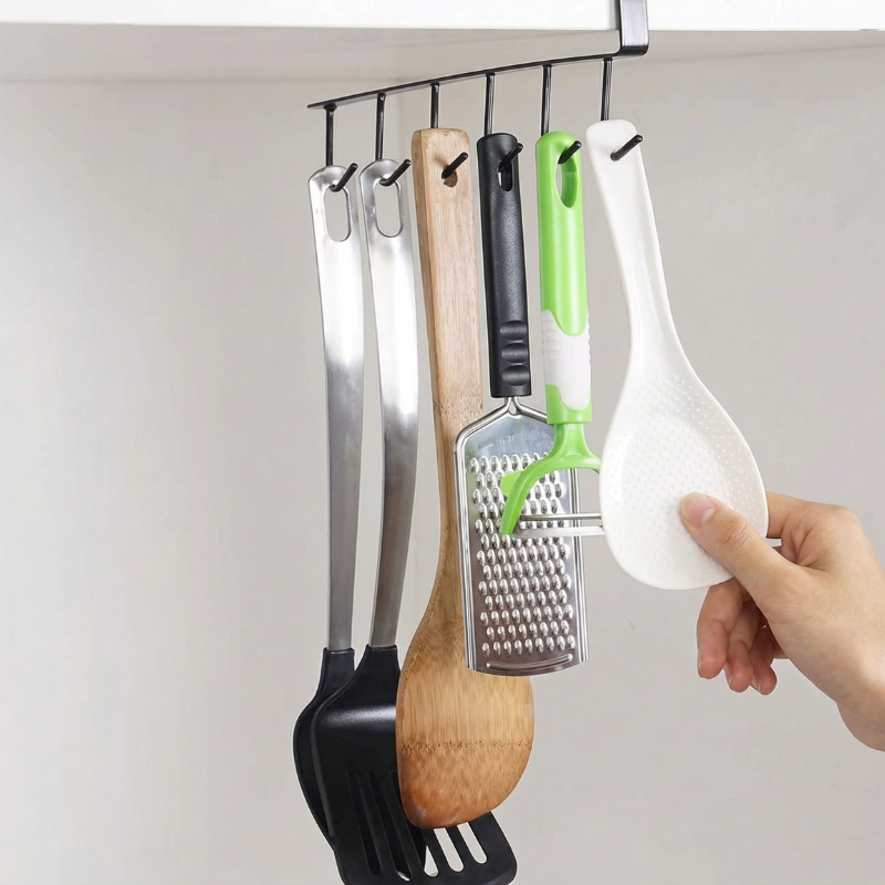 Cabinet Cup Holder Rack – 6 Hooks Hanging Mug Holder for Kitchen, Drilling-Free Cup & Utensil Organizer (Pack of 1)