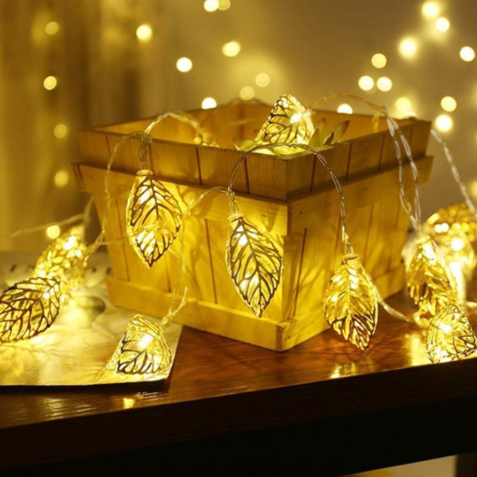 Golden Leaf Fairy Lights – 15 Warm LED Decorative String Lights for Home, Festivals & Parties