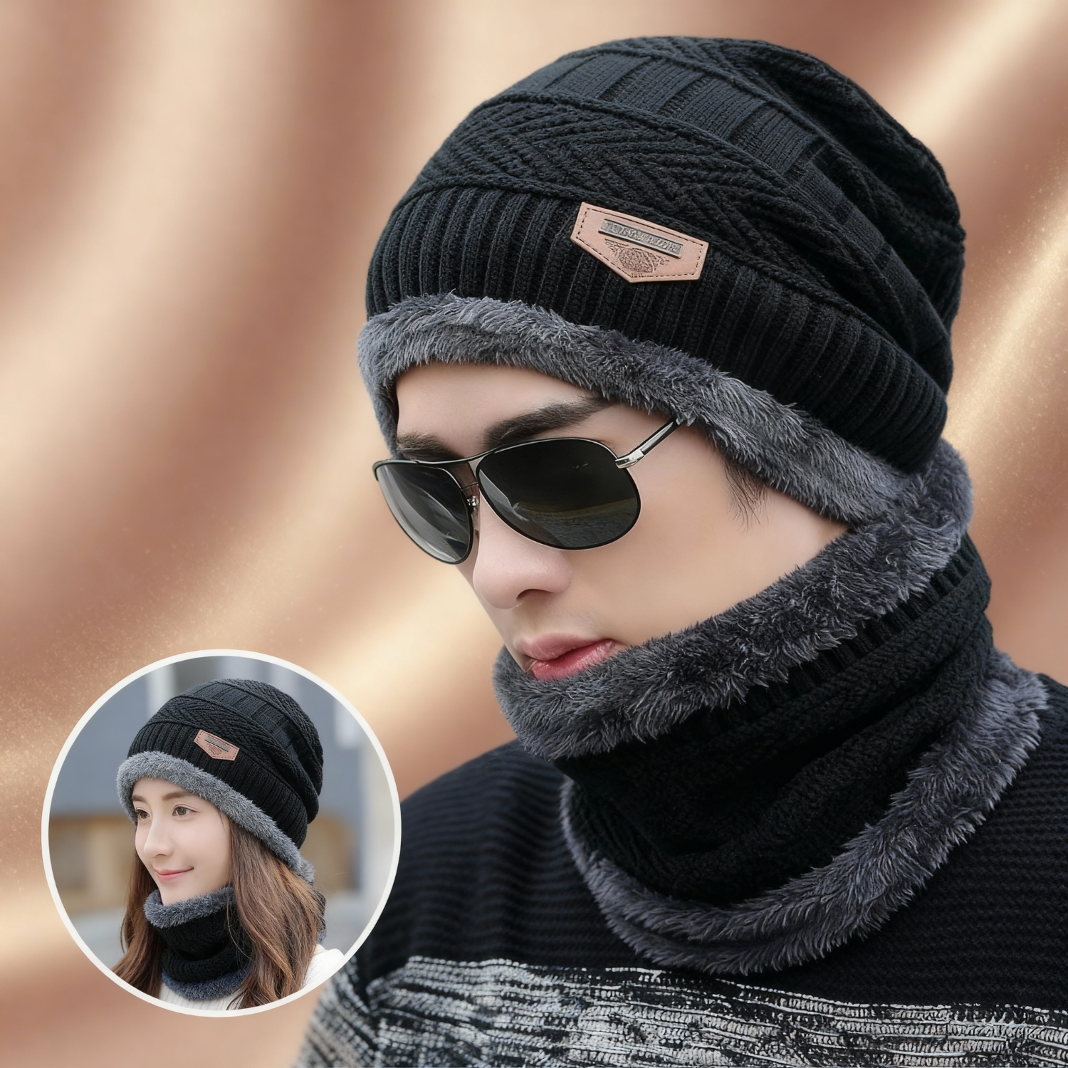 Winter Beanie Cap & Scarf Set – Warm Knit Fur-Lined Hat & Thick Scarf for Men & Women (Black)