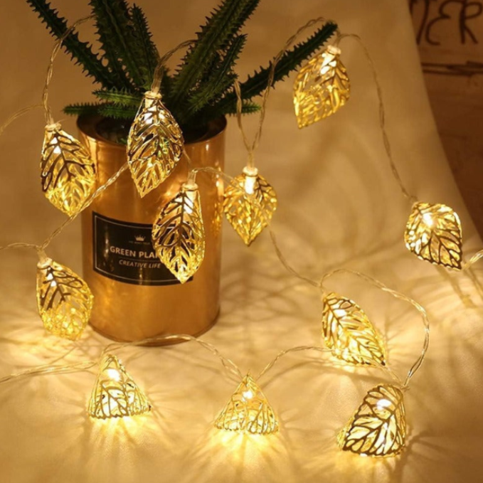 Golden Leaf Fairy Lights – 15 Warm LED Decorative String Lights for Home, Festivals & Parties