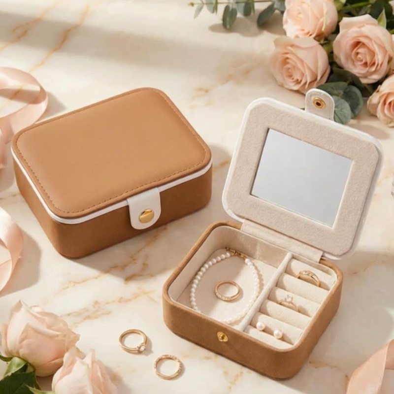 Portable Mini Travel Jewelry Box with Mirror – Compact Jewelry Organizer for Rings, Earrings & Accessories (Random color-Pack of 1)