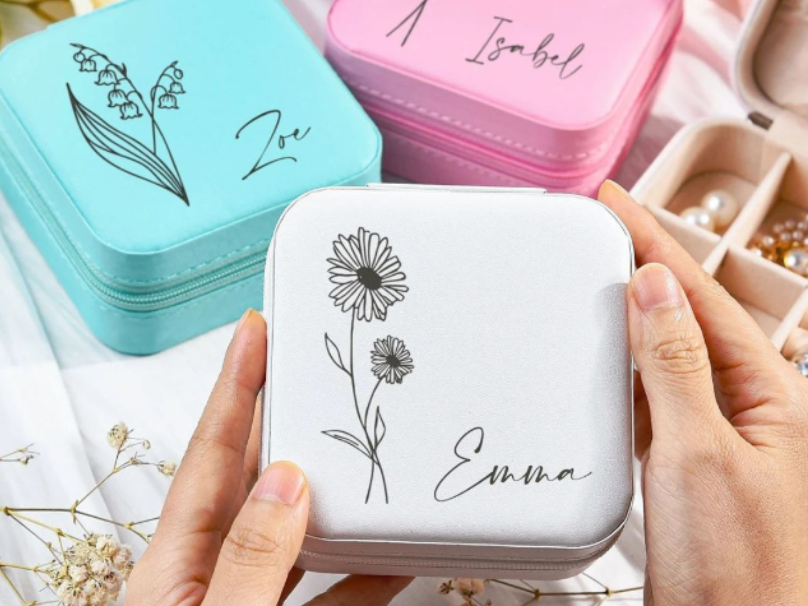 Customised Jewellery Box - Mini Travel Jewellery Box - Birthday Flower Print + Name (Random color)