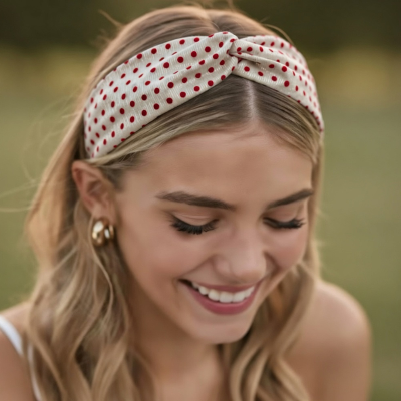 Polka Dot Twist Knot Women’s Hair Band – Stylish Non-Slip White Headband with Black Dots (Random color-Pack of 1)