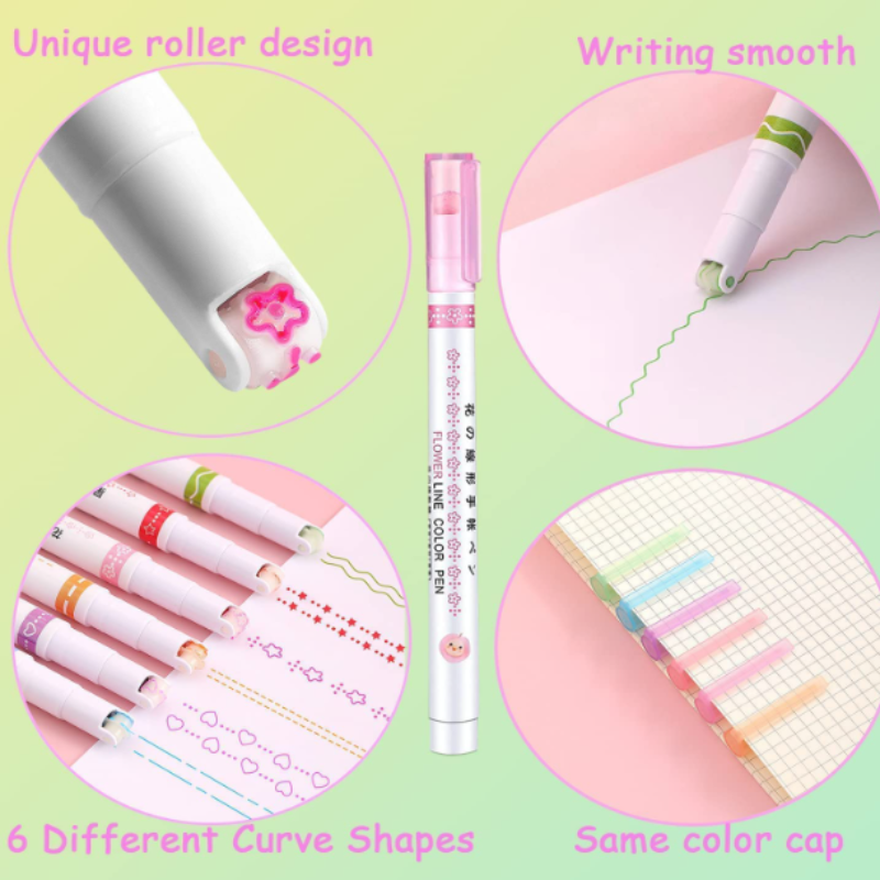 Set of 6 Maxzope Linear Roller Curve Highlighter Pens – Smooth Rolling Highlighters for Study, Office & Art