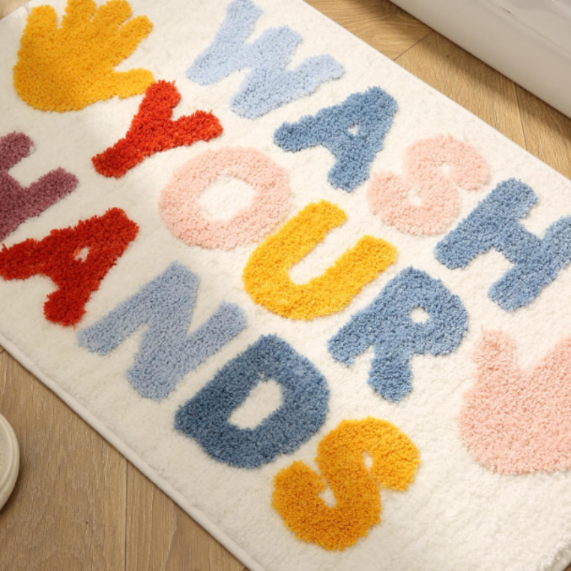 Wash Your Hands Non-Slip Bathroom Mat – 40×60 cm Soft Polyester Rug with PVC Anti-Skid Backing for Modern Bathrooms