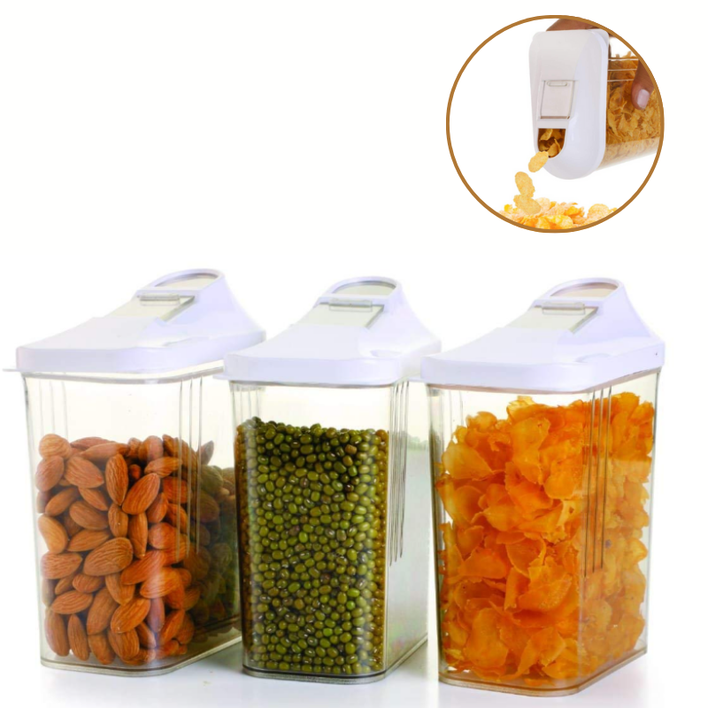 Anjani Smart Pour Airtight Cereal & Grain Storage Containers – Set of 3 Food Dispenser Boxes with Easy Pour Lid