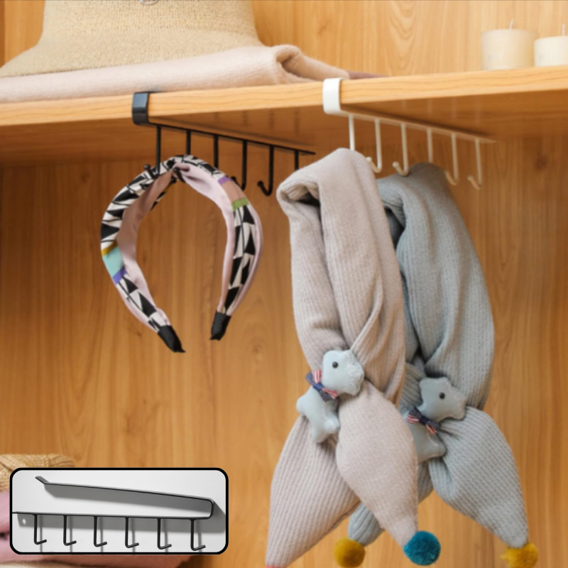 Cabinet Cup Holder Rack – 6 Hooks Hanging Mug Holder for Kitchen, Drilling-Free Cup & Utensil Organizer (Pack of 1)