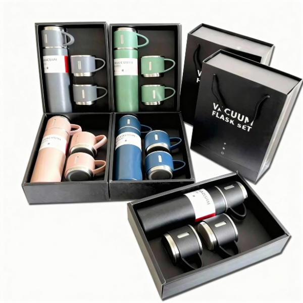 Insulated Stainless Steel Vacuum Flask Set with 3 Cups – 500ml Double Wall Hot & Cold Bottle for Tea, Coffee, Travel & Office Use (Random Colour, Pack of 1)