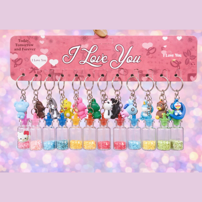 12 Pcs Cartoon Character Glitter Bottle Charm Keychain – Cute Hanging Key Rings for Bags, Gifts & Collecting(Random Cartoon Character)