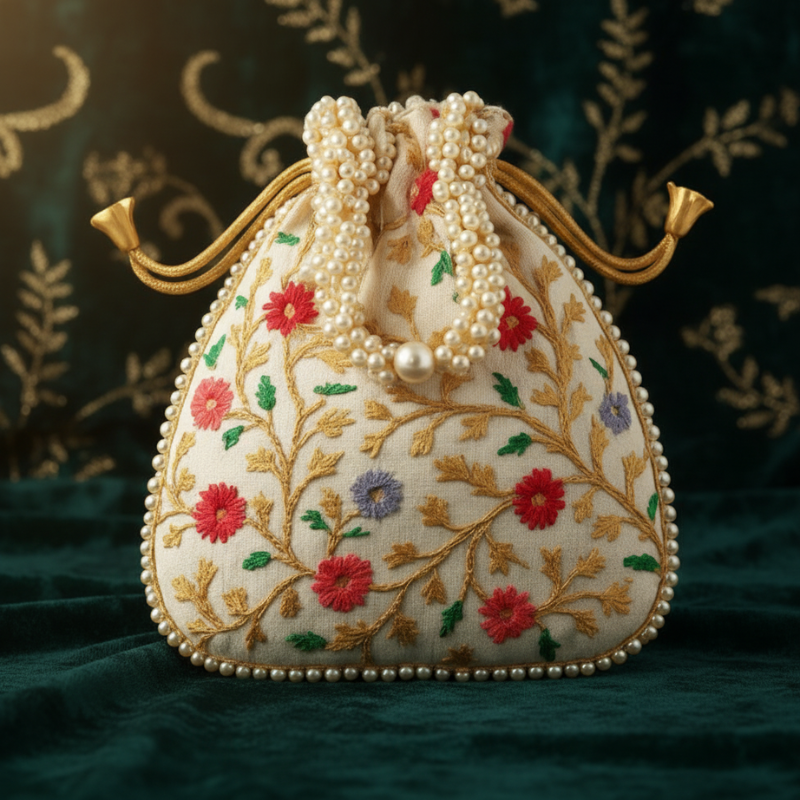 Embroidery Potli Bags for Women with Pearl Handle & Drawstring – Elegant Traditional Gift Pouch for Weddings & Festive Occasions