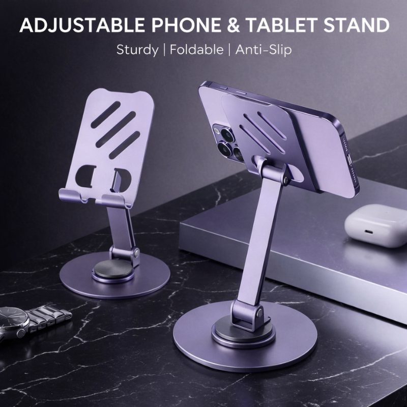 360° Rotatable Mobile Phone Stand – Foldable & Height Adjustable Aluminum Desk Holder | Anti-Skid, Multipurpose Mobile Stand
