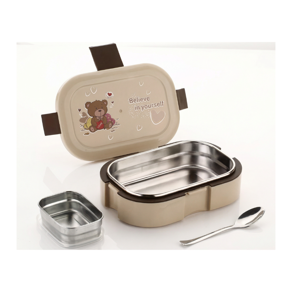 1-Compartment Bento Lunch Box with Spoon – Leakproof Stainless Steel Food Container (Random Design – Pack of 1)