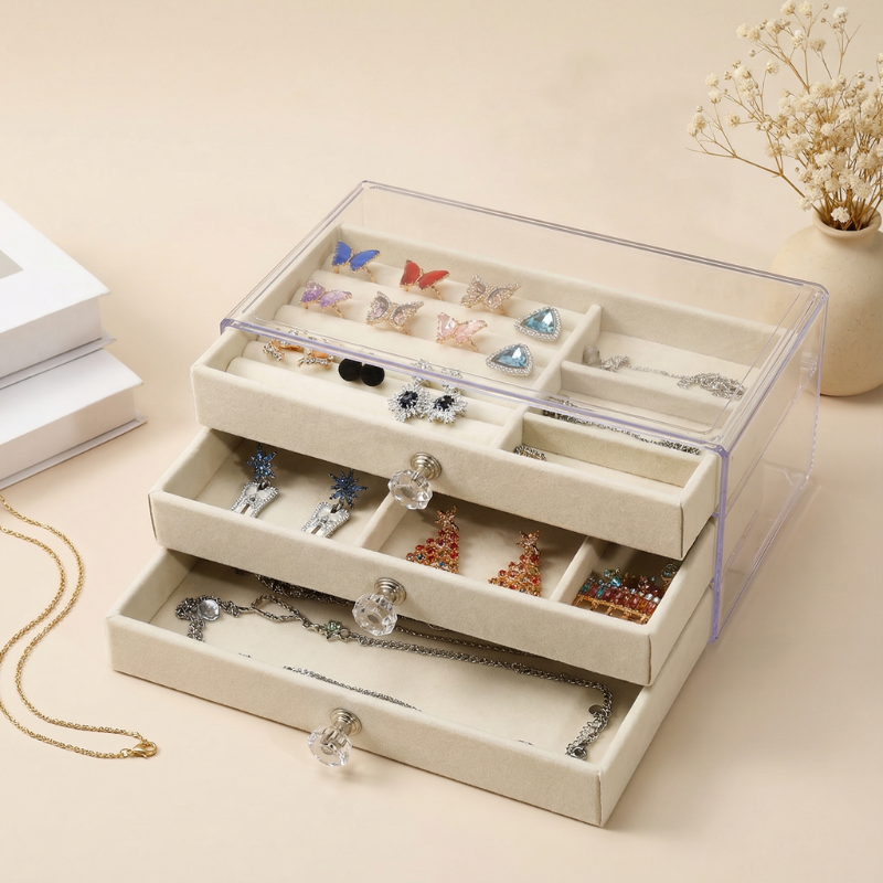 3-Drawer Stackable Velvet Jewelry Box – Elegant Jewelry Organizer with Soft Lining