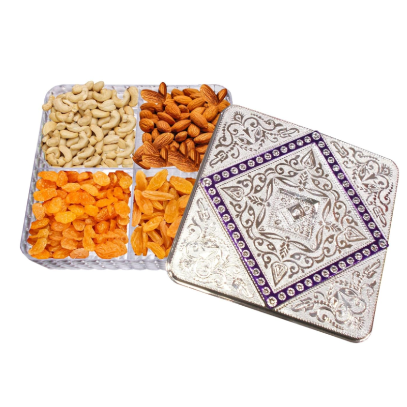 4 Compartment Acrylic Dry Fruit & Mukhwas Box – Chocolate, Snacks & Mouth Freshener Storage Container (Random Color-Pack of 1)