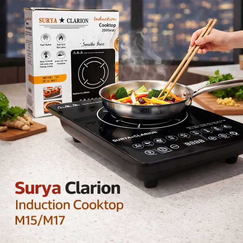 Surya Clarion Induction Cooktop M15/M17 | 2000W Portable Electric Stove | Energy Efficient Induction Cooker with Auto Pan Detection