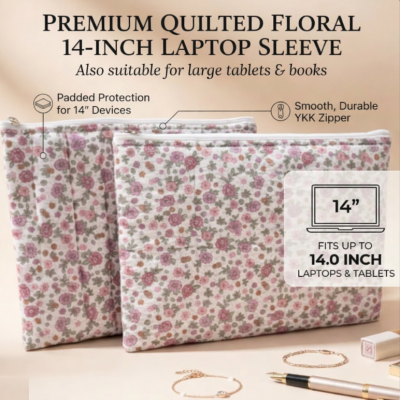 14-Inch Cotton Floral Print Laptop Sleeve – Protective MacBook & Notebook Cover | Soft Fabric Book Sleeve Pouch (Pack of 1)