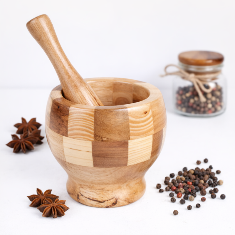Mini Wooden Mortar & Pestle Set – Garlic Crusher, Spice Masher & Herb Grinder for Kitchen