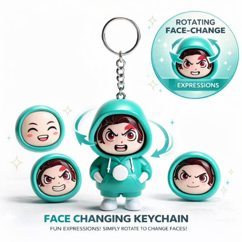 Cartoon Character Action Figure Face Changing Keychain – Fun Collectible Toy Key Ring, Surprise Flip Face Mini Figure for Kids & Adults