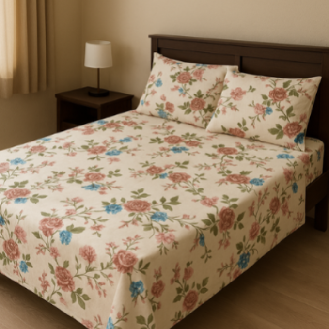 Spring Bloom Bedsheet Set – Premium Floral Print with Green Leaves & Colorful Flowers – With Pillow Covers