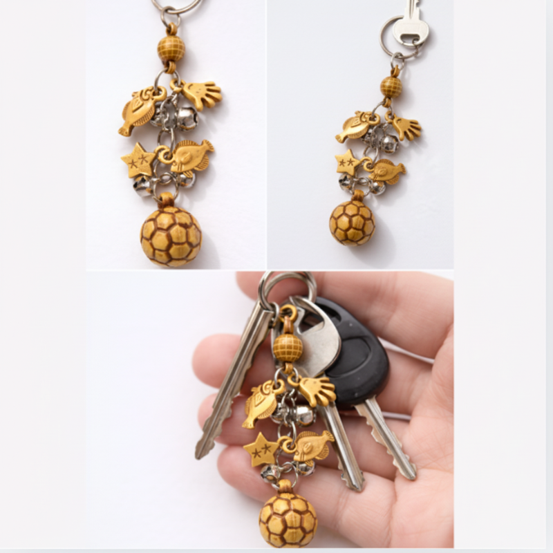 6 PcsMulti-Charm Keychain with Soccer Ball, Fish, Hand & Star Charms | Stylish Decorative Key Ring
