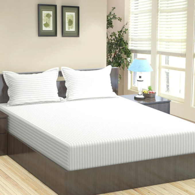 White Elegance Bedsheet Set – Premium Cotton Feel with Subtle Satin Stripes – Double Bed Size