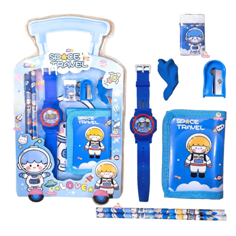 Cartoon Stationery Set for Kids – Pencils, Eraser, Sharpener, Watch & Wallet for Girls & Boys (Random Design-Set of 7 pieces)